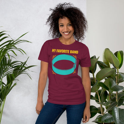 My Favorite Band funny physical therapy tee — Maroon, on model