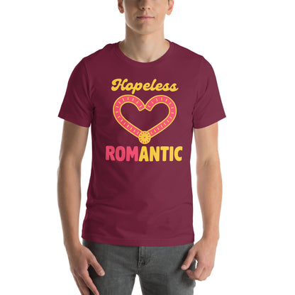 Hopeless ROMantic funny physical therapy tee — Maroon, on model