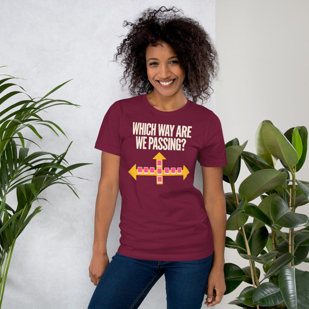 Which Way Are We Passing funny mahjong tee — Maroon, on model