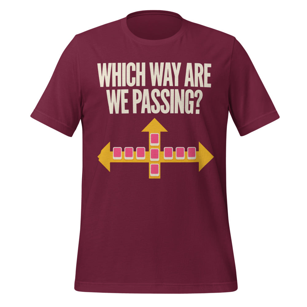 Which Way Are We Passing funny mahjong tee — Maroon, front