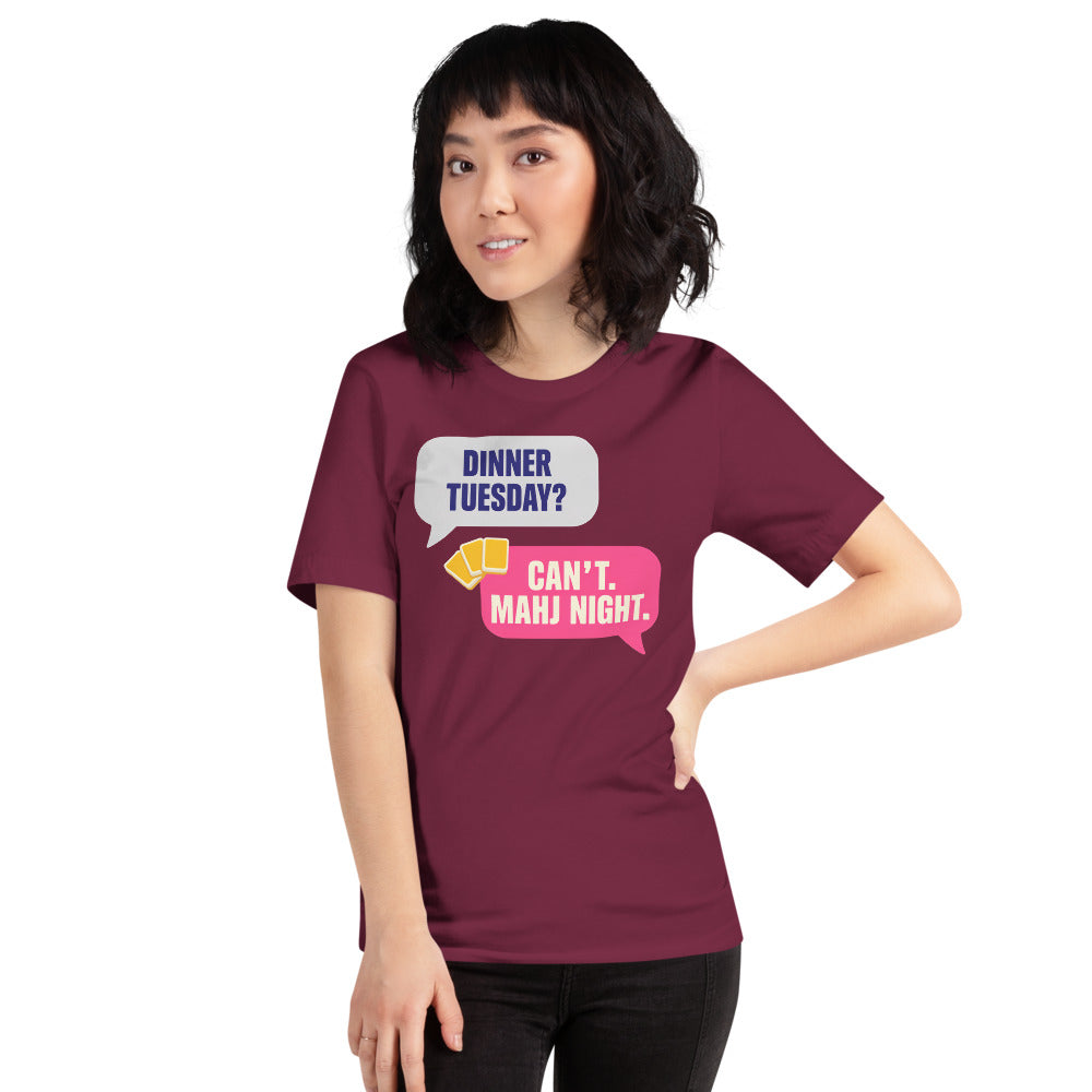 Mahj Night funny mahjong tee — Maroon, on model