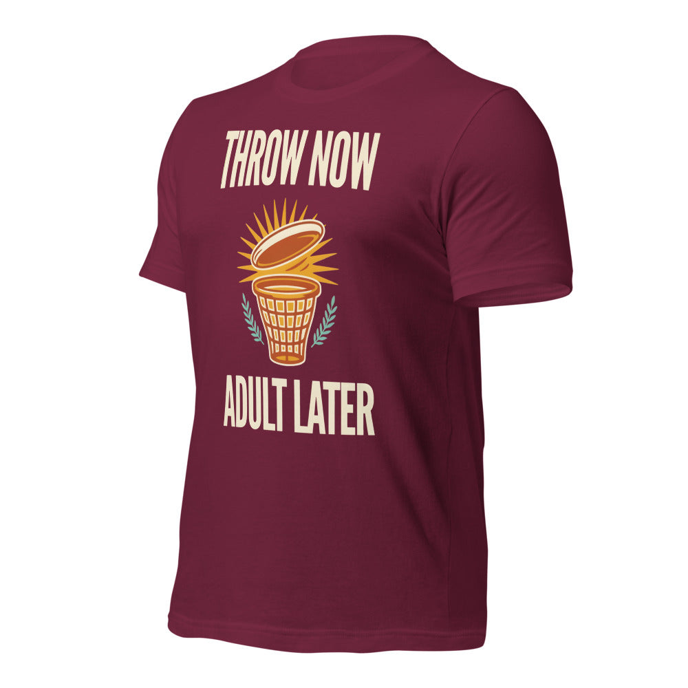 Funny disc golf shirt, Throw Now Adult Later disc golf retro tee — Maroon, front-right