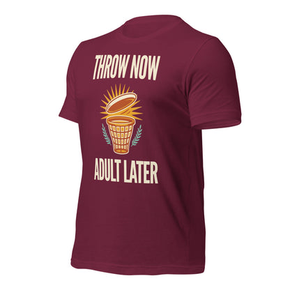Funny disc golf shirt, Throw Now Adult Later disc golf retro tee — Maroon, front-right