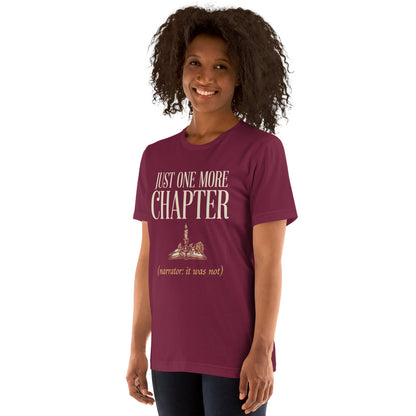 Just One More Chapter book lover dark academia tee — Maroon, on model