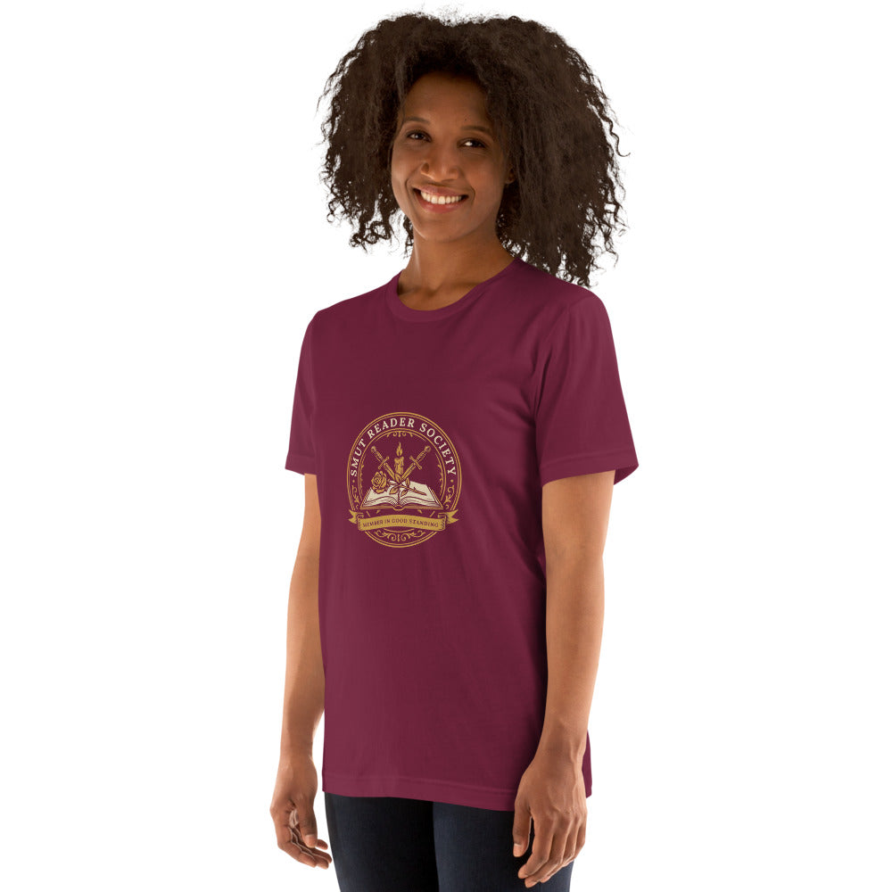 Smut Reader Society book lover dark academia tee — Maroon, on model