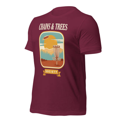 Chains & Trees Society disc golf retro landscape tee — Maroon, front right