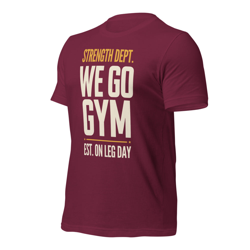 We Go Gym vintage athletic gym tee — Maroon, front right