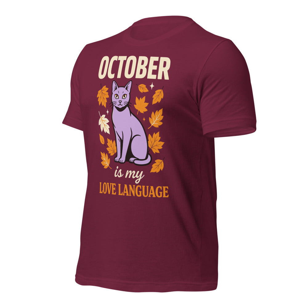 October Is My Love Language retro Halloween black cat tee — Maroon, front right