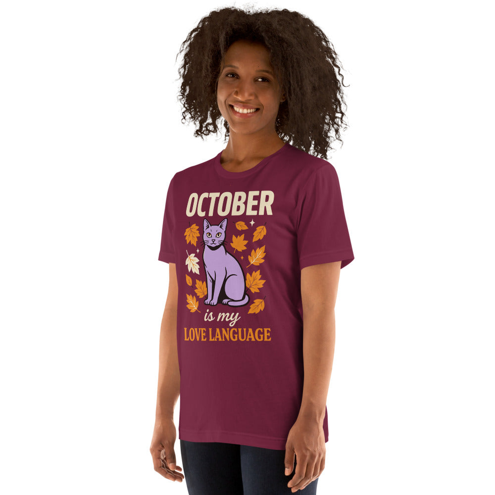 October Is My Love Language retro Halloween black cat tee — Maroon, on model