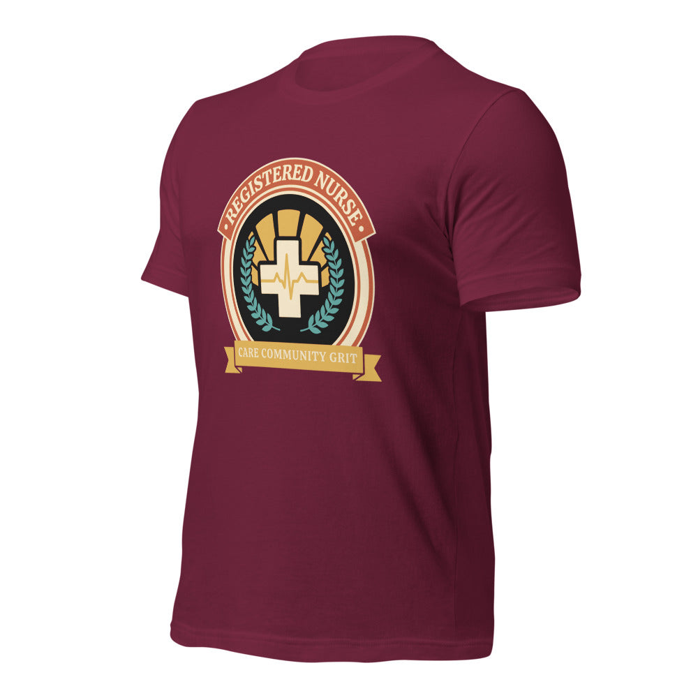 Registered Nurse vintage healthcare emblem badge tee — Maroon, front-right