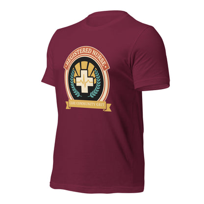 Registered Nurse vintage healthcare emblem badge tee — Maroon, front-right