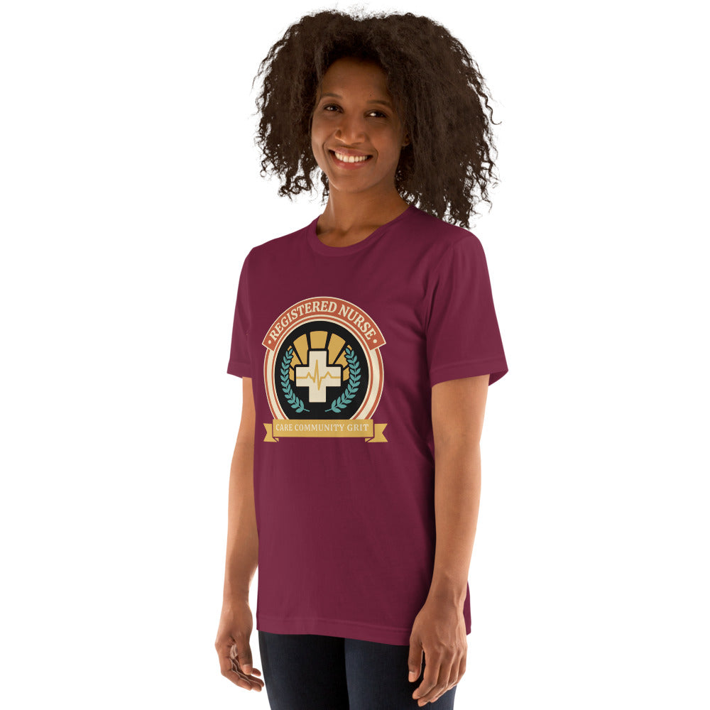 Registered Nurse vintage healthcare emblem badge tee — Maroon, on model
