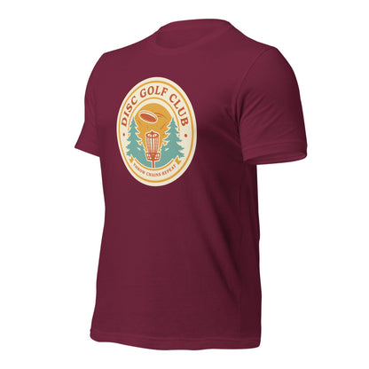 Disc Golf Club retro badge tee — Maroon, front-right