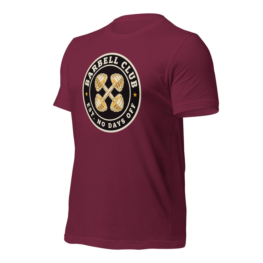 Barbell Club No Days Off vintage gym tee — Maroon, front-right