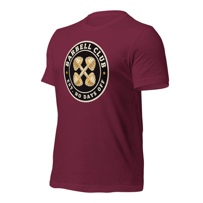 Barbell Club No Days Off vintage gym tee — Maroon, front-right