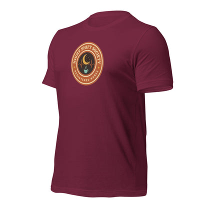 Night Shift Society retro registered nurse badge tee — Maroon, front-right