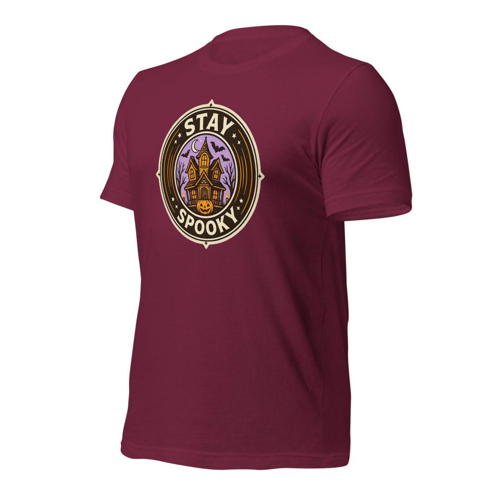 Stay Spooky retro Halloween vintage badge tee — Maroon, front-right