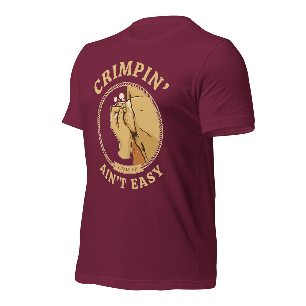 Crimpin' Ain't Easy bouldering badge t-shirt — Maroon, front-right