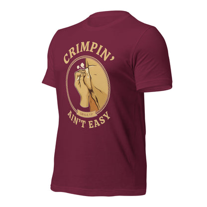 Crimpin' Ain't Easy bouldering badge t-shirt — Maroon, front-right