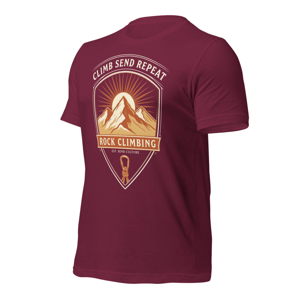 Climb Send Repeat mountaineering crest t-shirt — Maroon, front-right