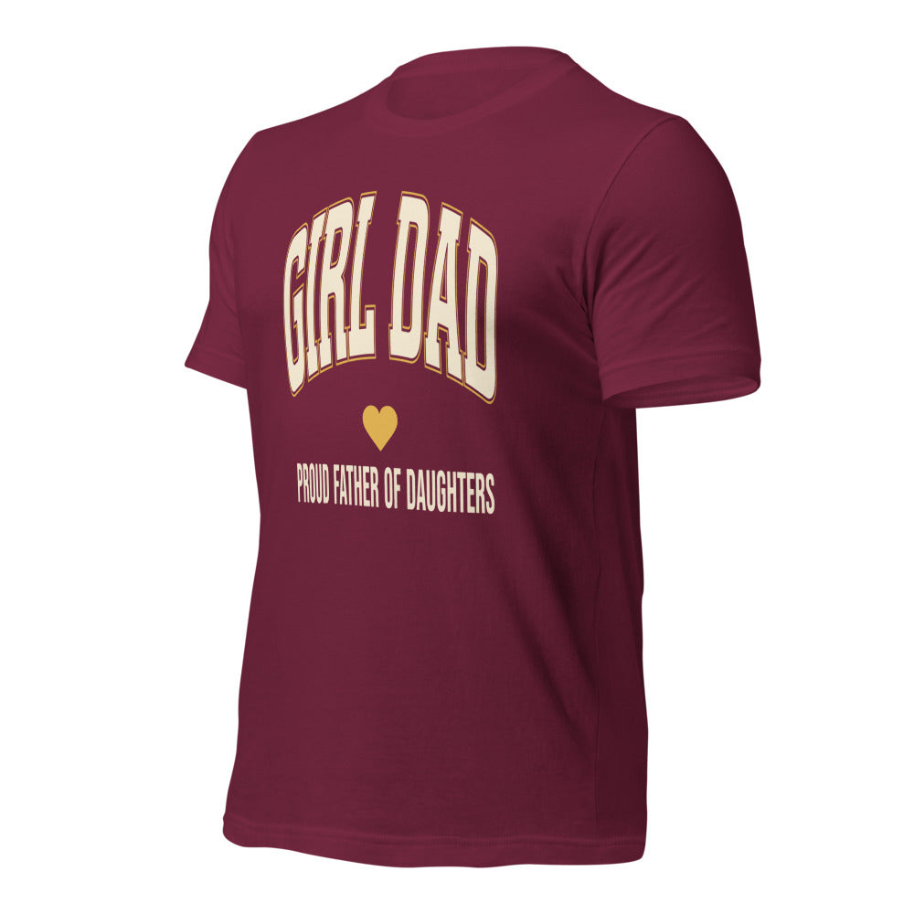 Girl Dad retro varsity tee — Maroon, front-right