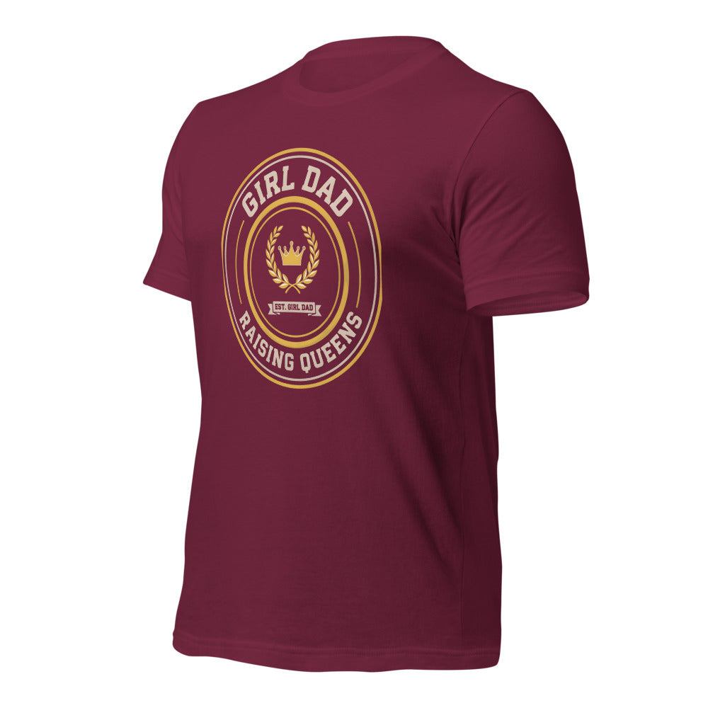 Girl Dad Raising Queens crest tee — Maroon, front-right