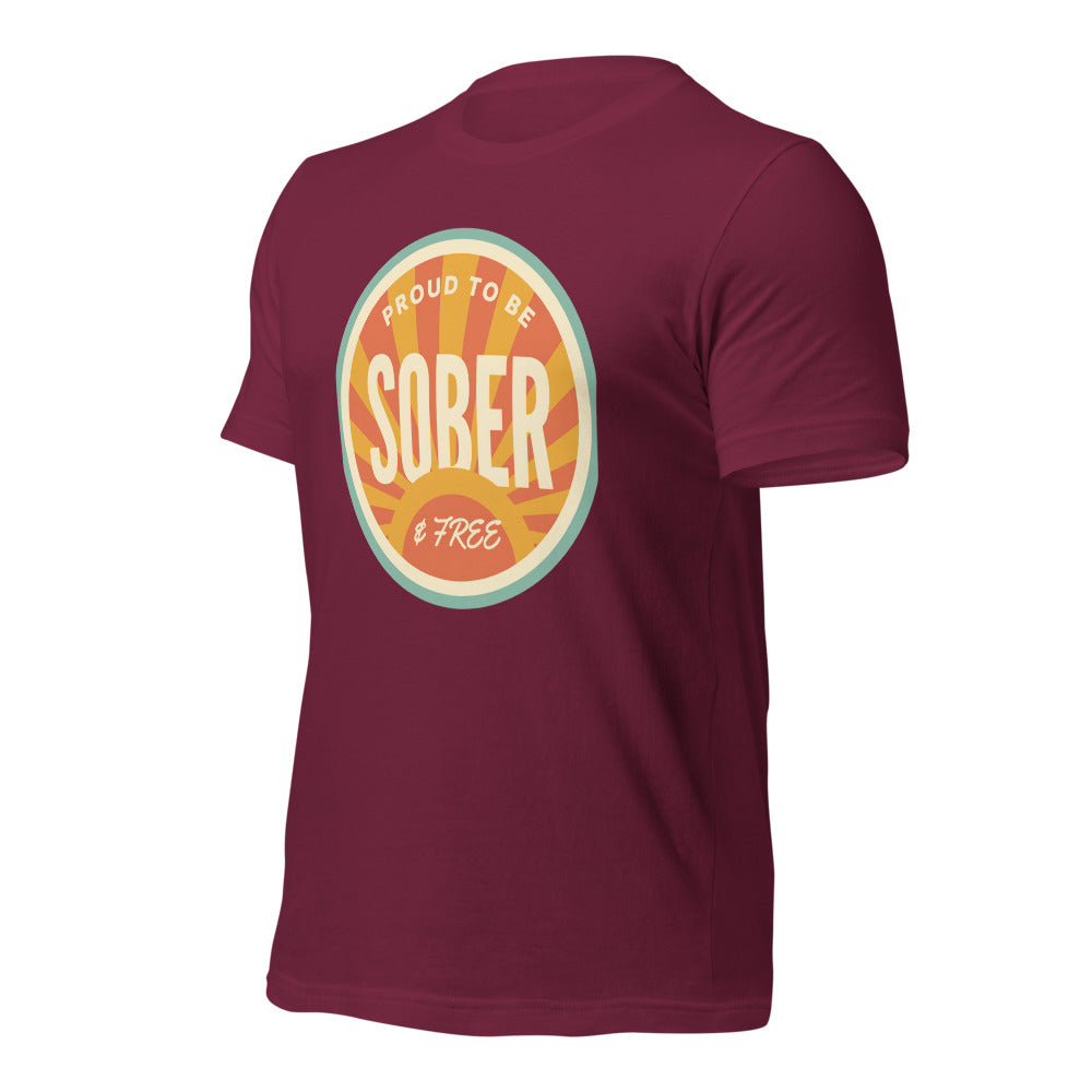 Sober & Proud retro sunburst tee — Maroon, front-right
