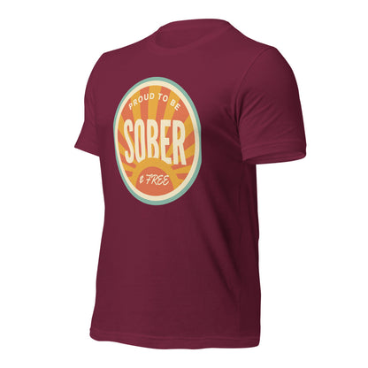 Sober & Proud retro sunburst tee — Maroon, front-right