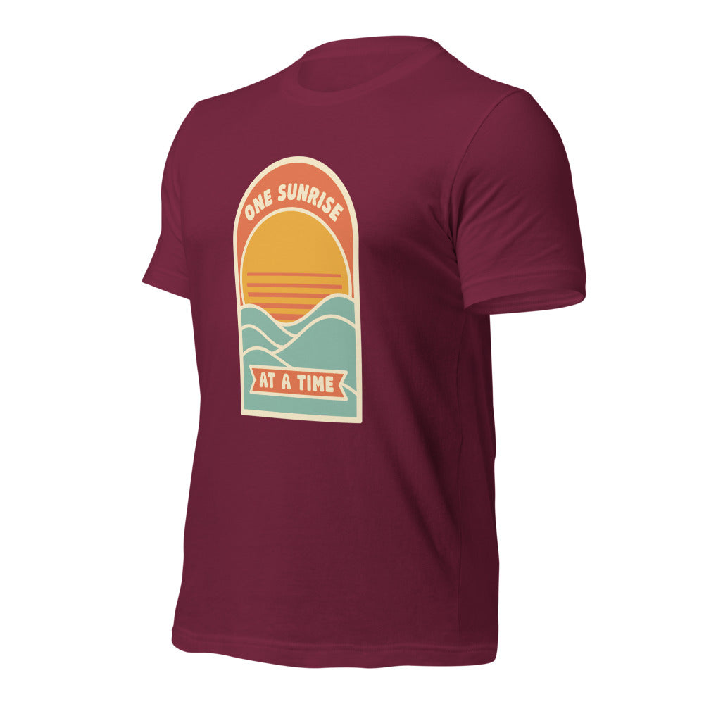 One Sunrise at a Time retro sunrise tee — Maroon, front-right