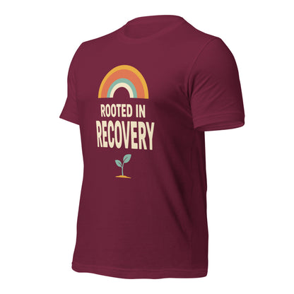 Rooted in Recovery retro rainbow tee — Maroon, front-right
