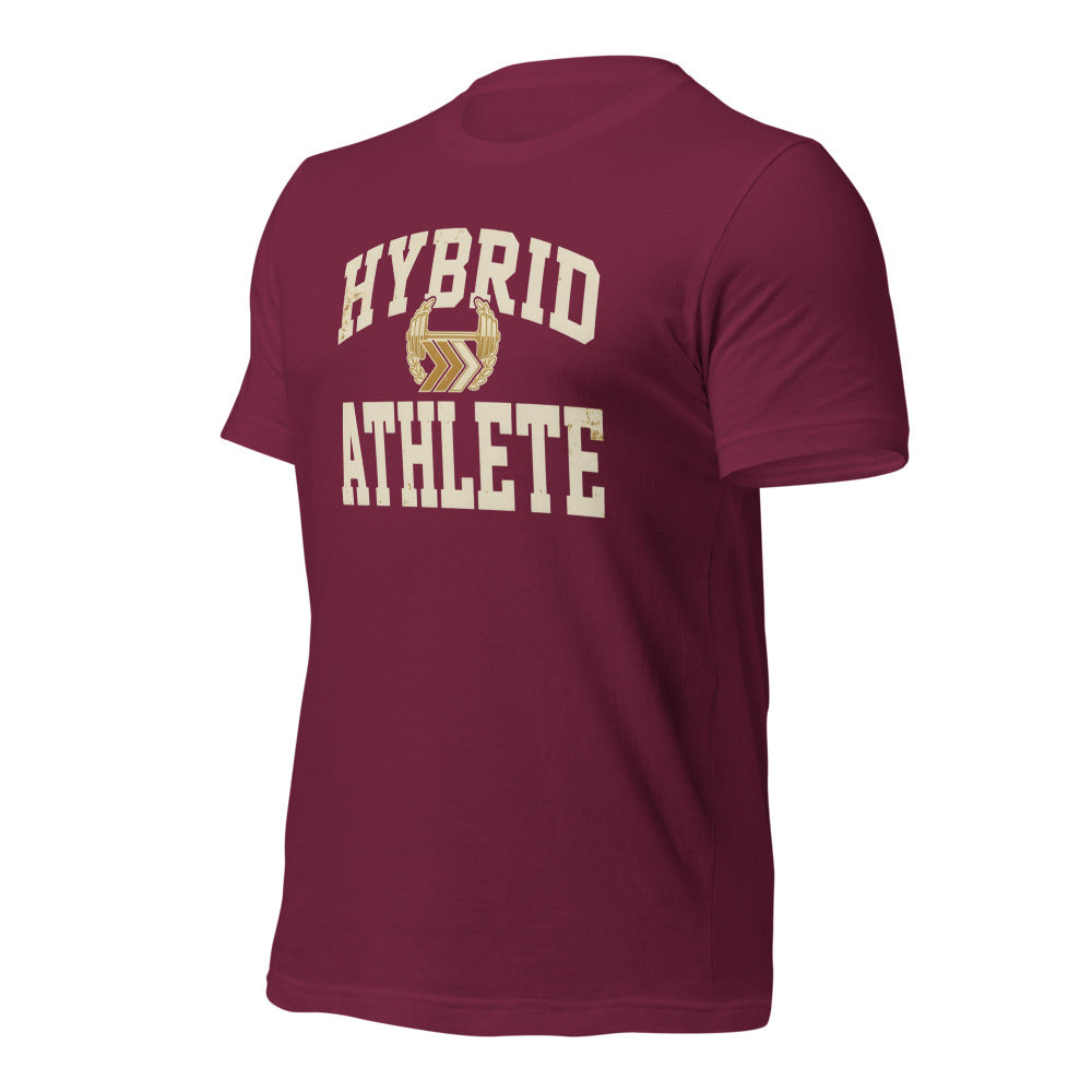 Hybrid Athlete vintage varsity tee — Maroon, front-right