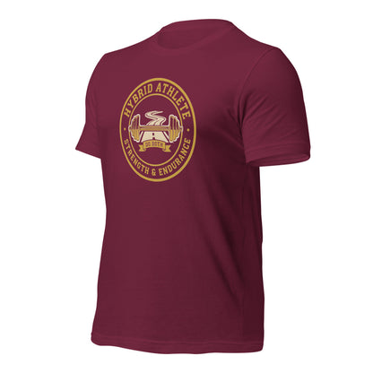 Hybrid Athlete vintage athletic-department crest tee — Maroon, front-right