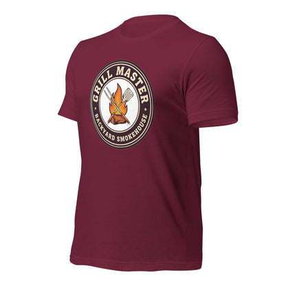 Grill Master retro backyard smokehouse tee — Maroon, front-right
