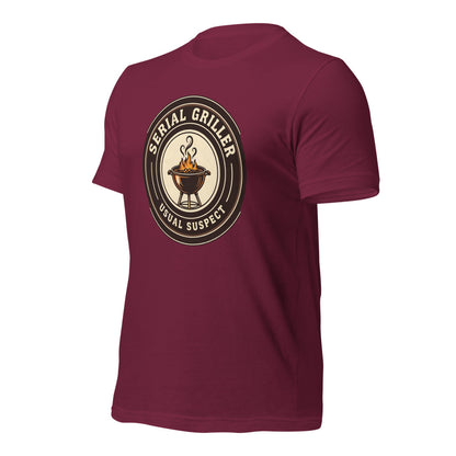 Serial Griller funny BBQ tee — Maroon, front-right