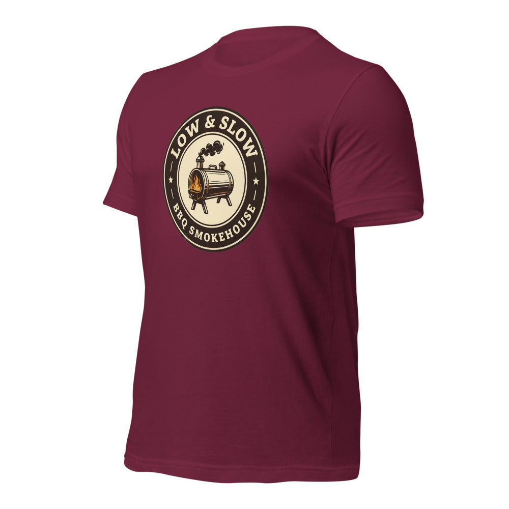 Low & Slow BBQ smoker tee — Maroon, front-right