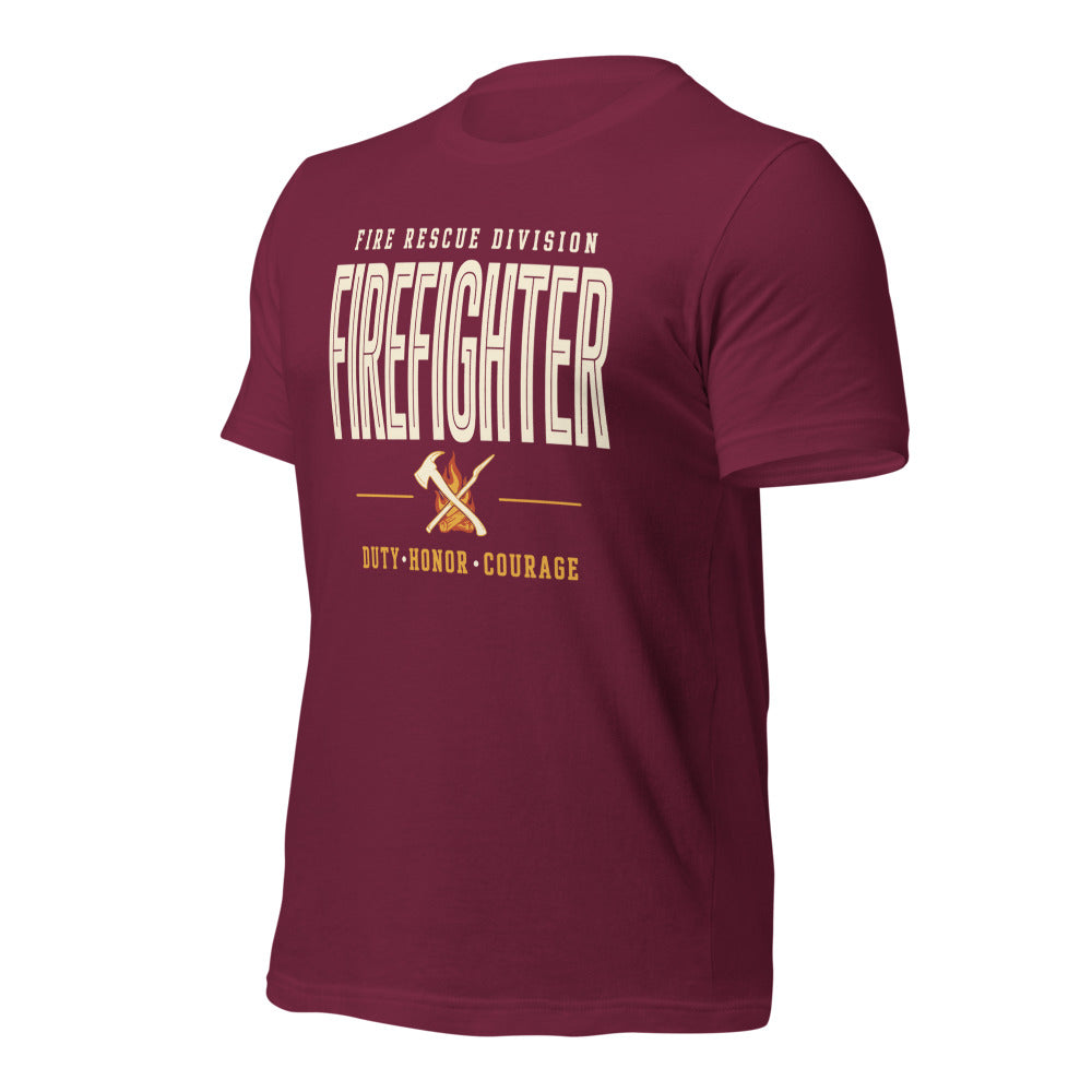 Firefighter collegiate wordmark retro fire-rescue tee — Maroon, front-right