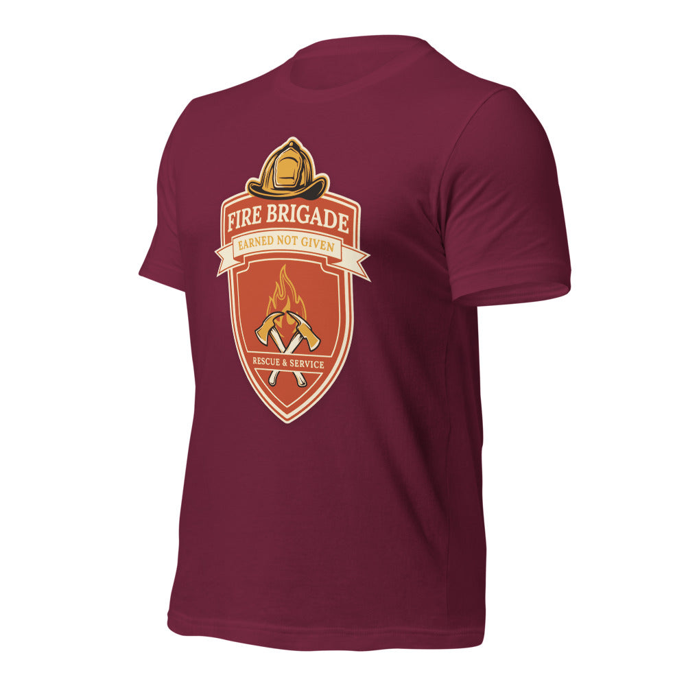 Fire Brigade Earned Not Given retro firefighter shield emblem tee — Maroon, front-right
