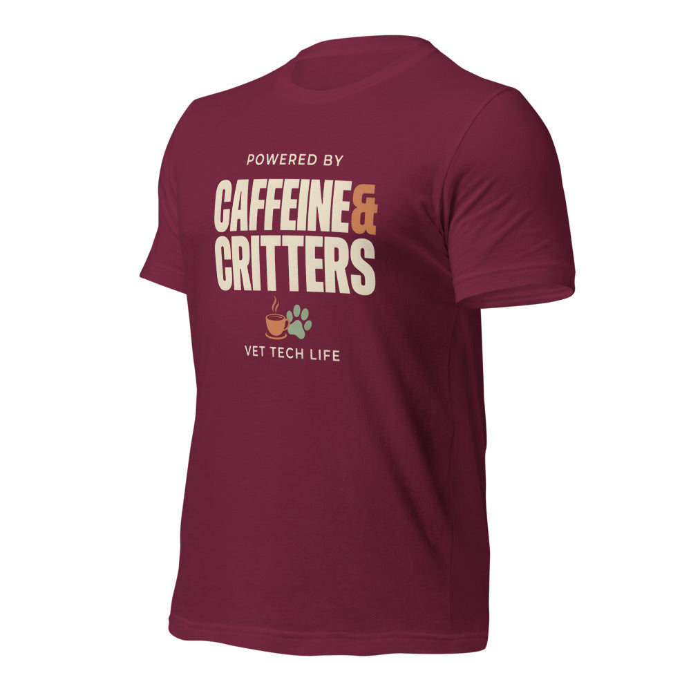 Powered by Caffeine & Critters funny vet tech tee — Maroon, front-right