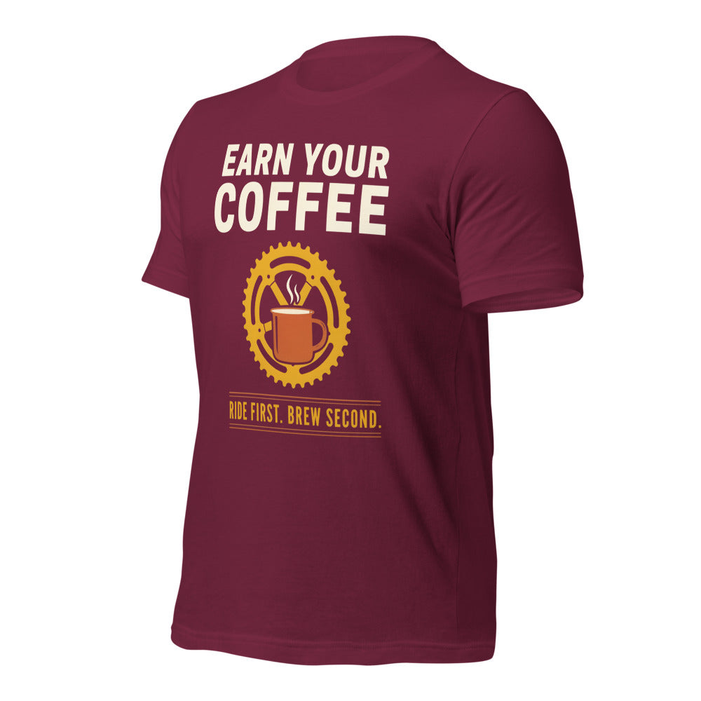 Earn Your Coffee retro cycling coffee t-shirt — Maroon, front-right