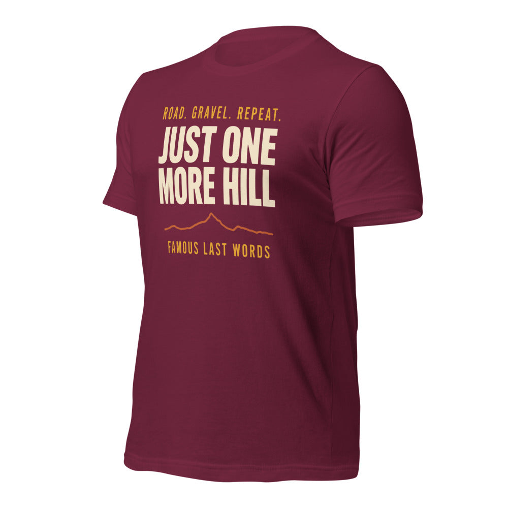 Just One More Hill retro cycling climb t-shirt — Maroon, front-right