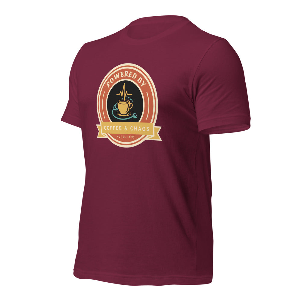 Powered by Coffee & Chaos retro nurse badge tee — Maroon, front-right