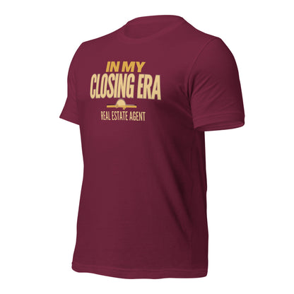 In My Closing Era real estate agent tee — Maroon, front-right