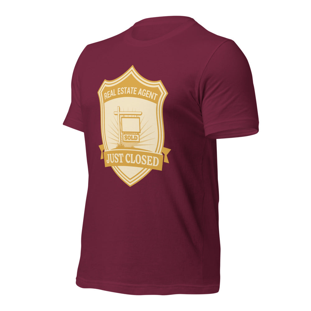 Just Closed real estate agent tee — Maroon, front-right
