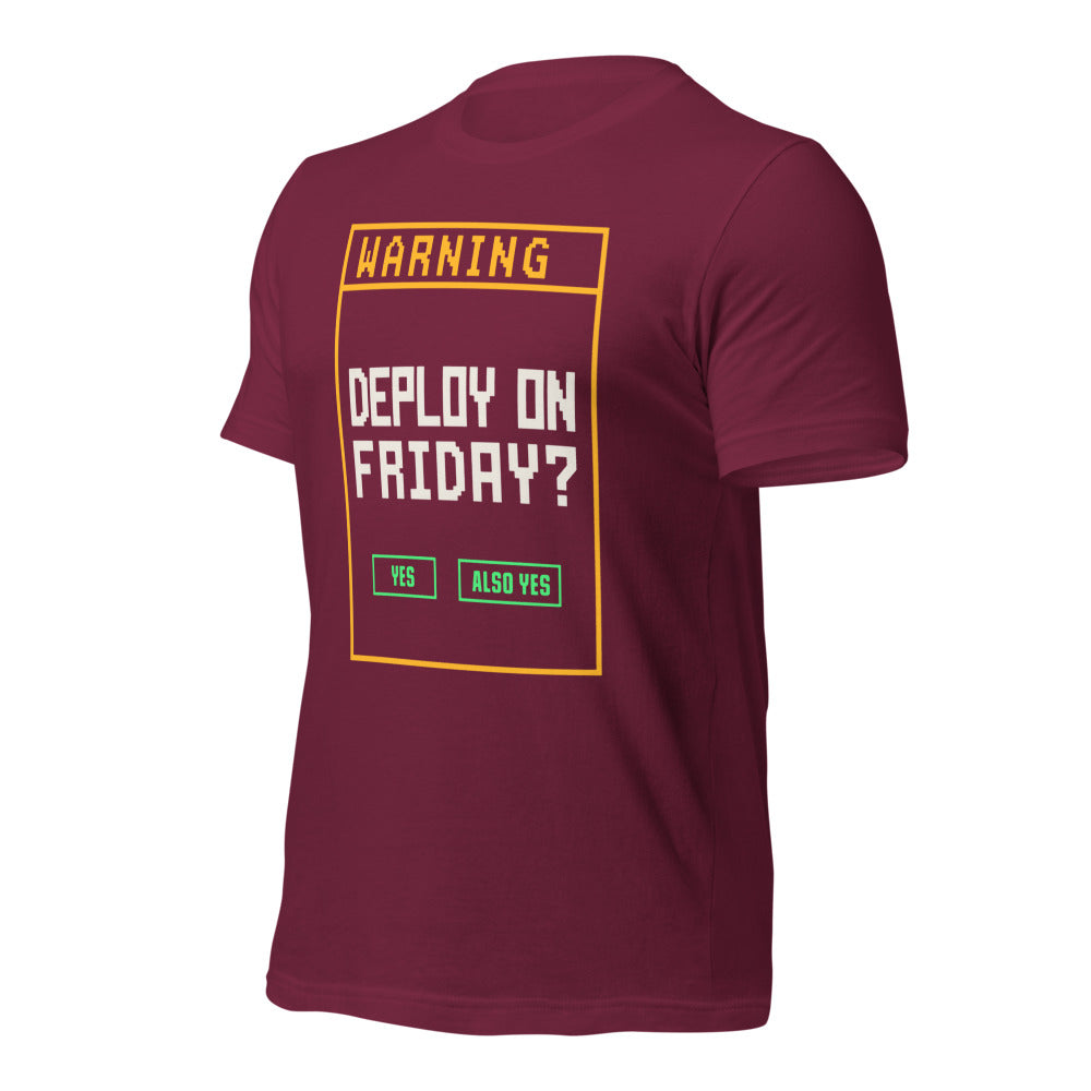 Deploy On Friday programmer tee — Maroon, front-right
