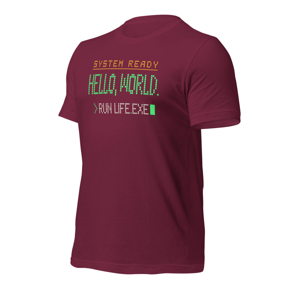 Hello World retro boot screen programmer tee — Maroon, front-right
