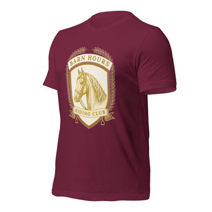 Barn Hours Riding Club vintage equestrian stable crest t-shirt — Maroon, front-right