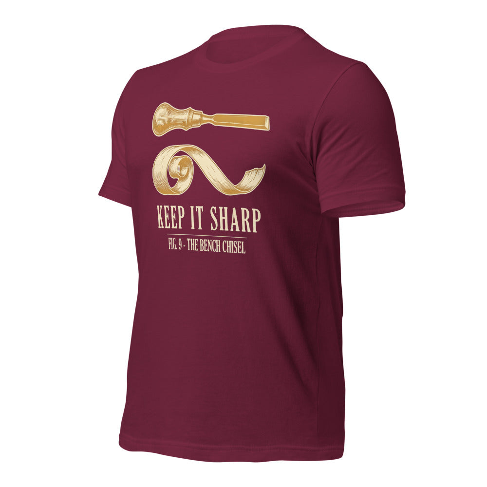 Keep It Sharp woodworking tee — Maroon, front-right