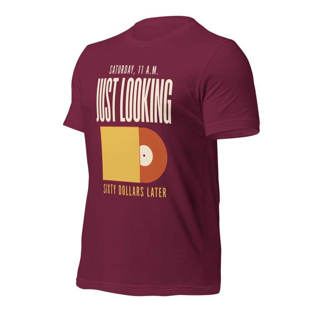 Just Looking Sixty Dollars Later vinyl record tee — Maroon, front-right