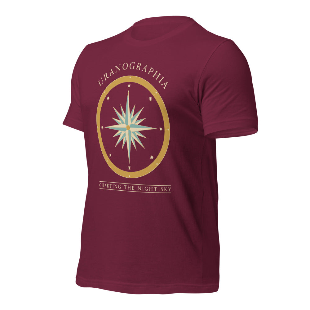 Uranographia vintage celestial chart astronomy tee — Maroon, front-right