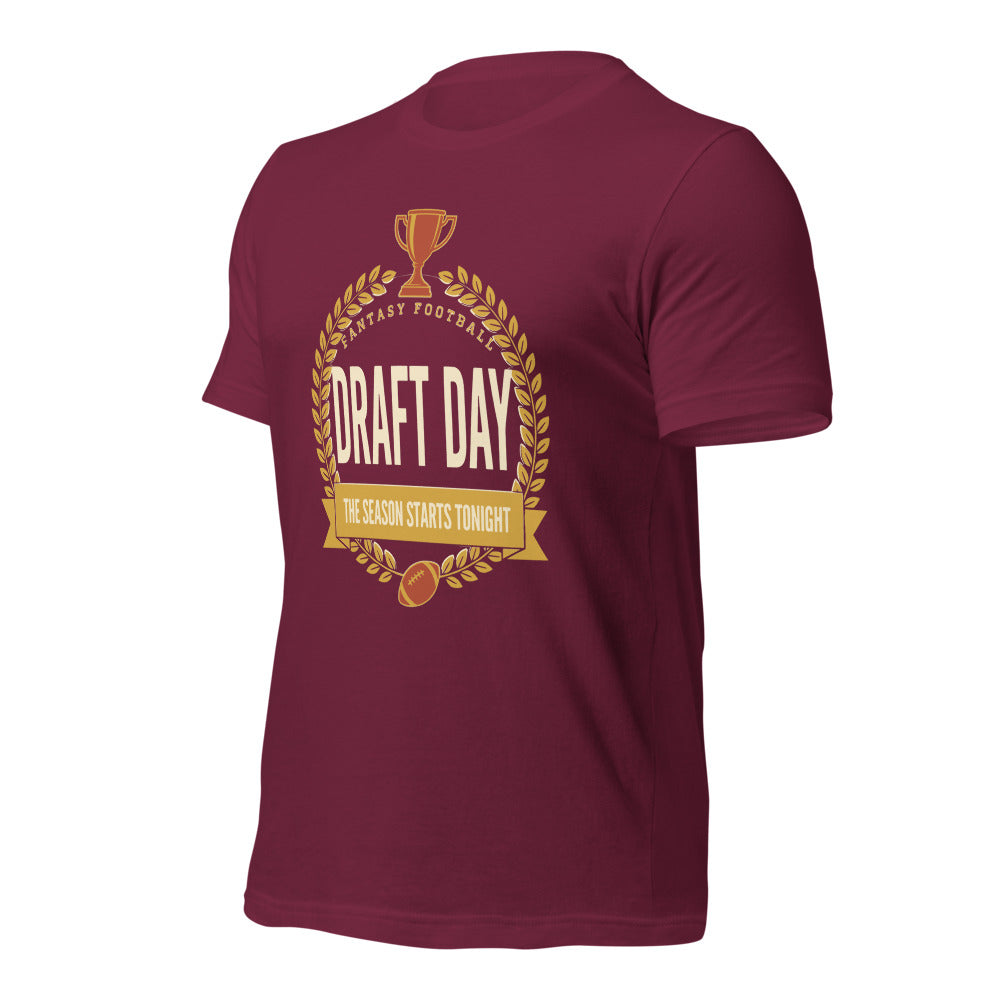 Draft Day Almanac vintage fantasy football draft tee — Maroon, front-right